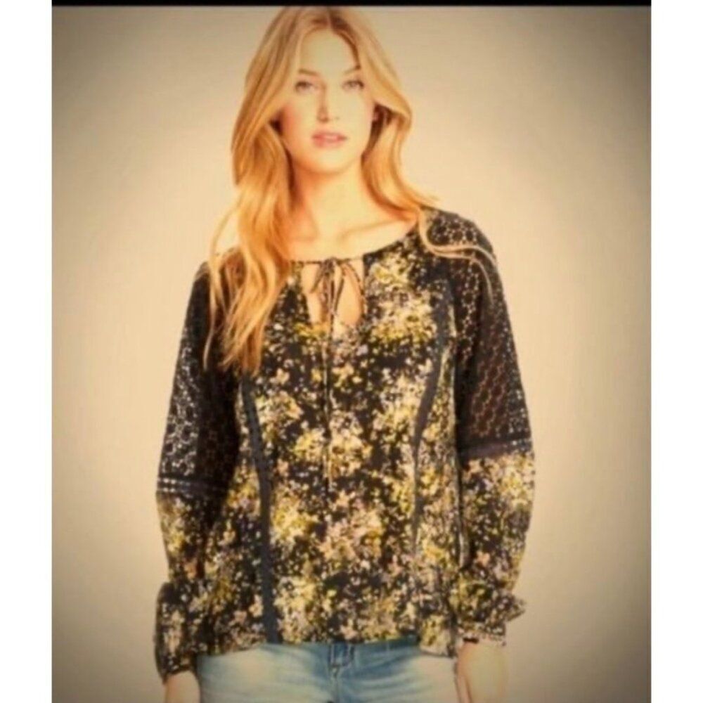 Jessica Simpson Women Floral Crochet Detail Long Sleeve Blouse Size S